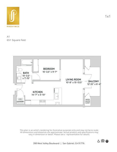 Floor plan for 1 bed, 1 bath, 651 sqft
